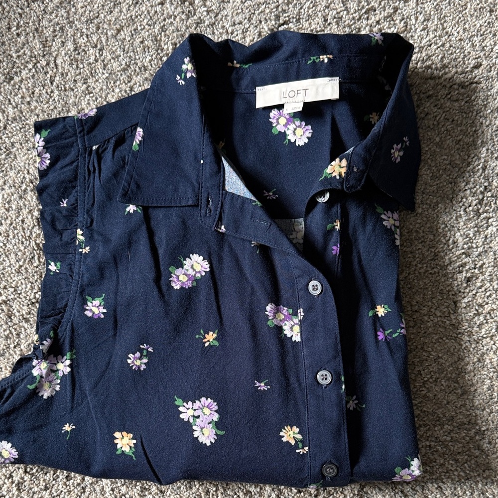 LOFT Dark Blue Floral Sleeveless Blouse